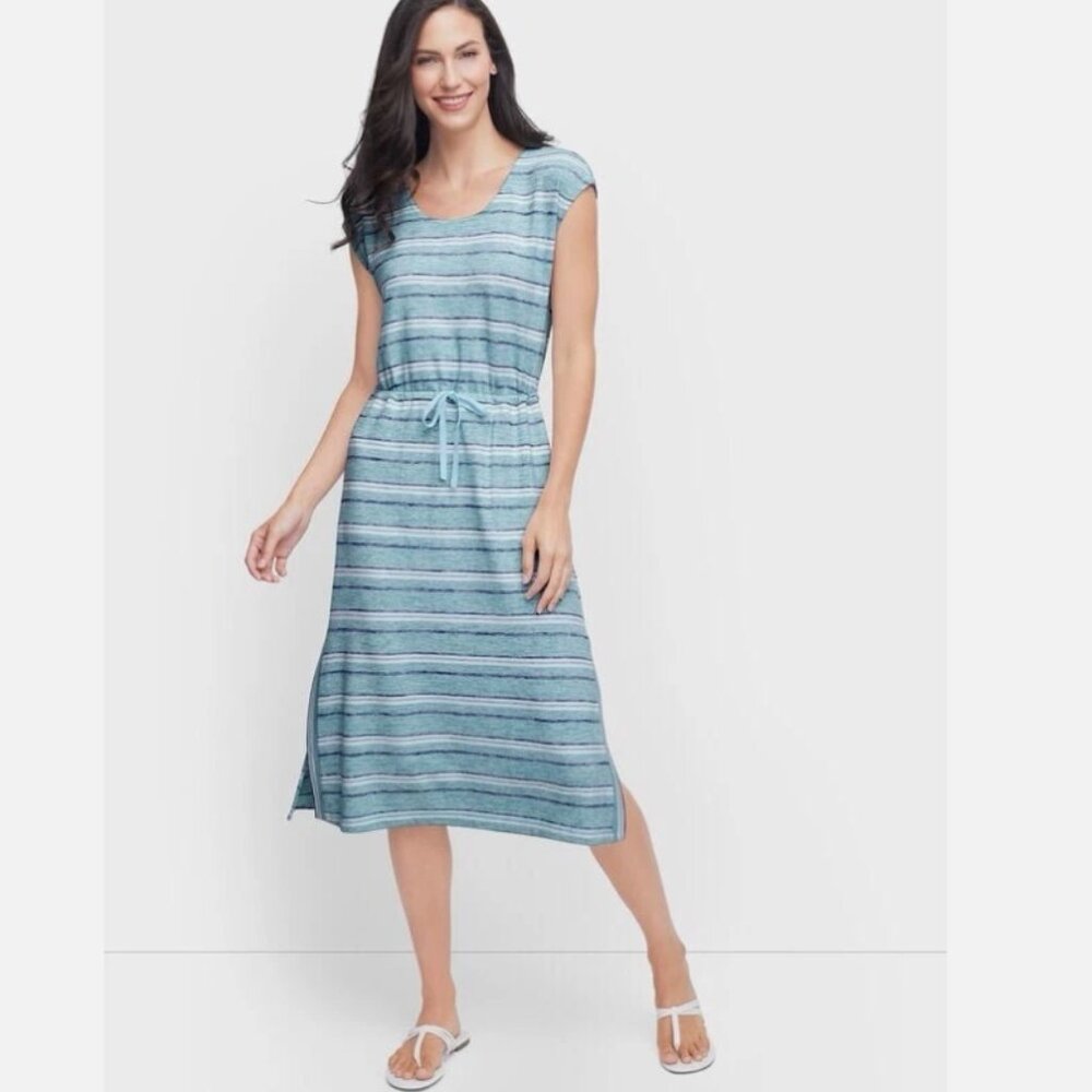 New Talbots Round Neck Blue Striped Side Slit Stretch Knit‎ Midi Dress Large